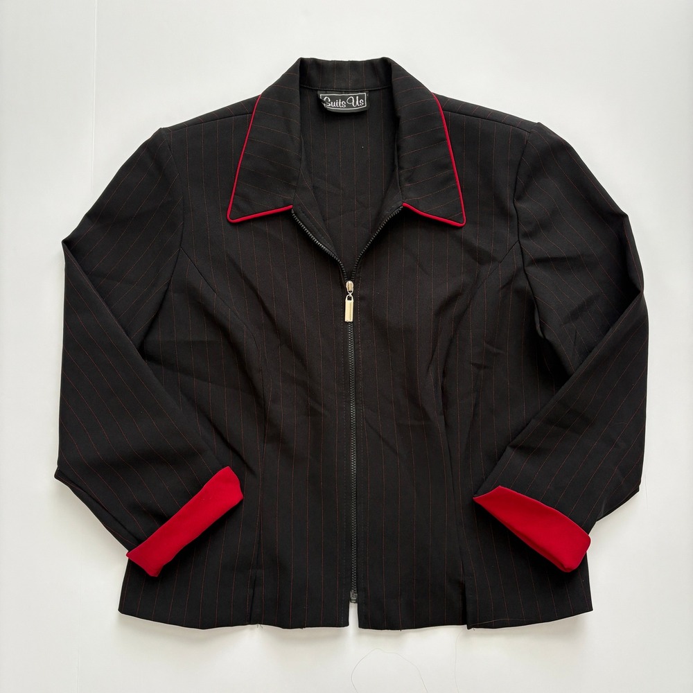 Vintage 90s Suits Us Black Red Pinstripe Zip Blazer Jacket Womens Y2K Office